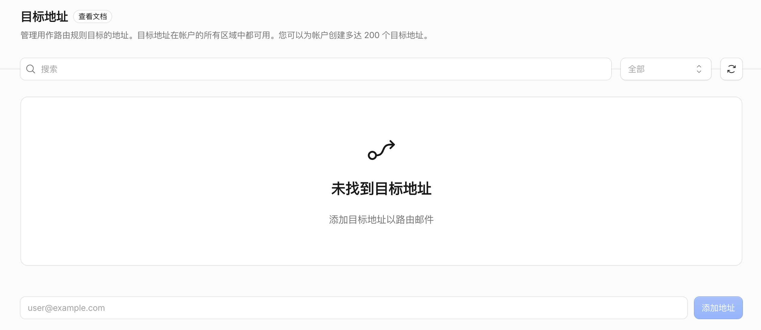 目标地址页面，通过邮件地址输入框添加接收转发邮件的现有邮箱