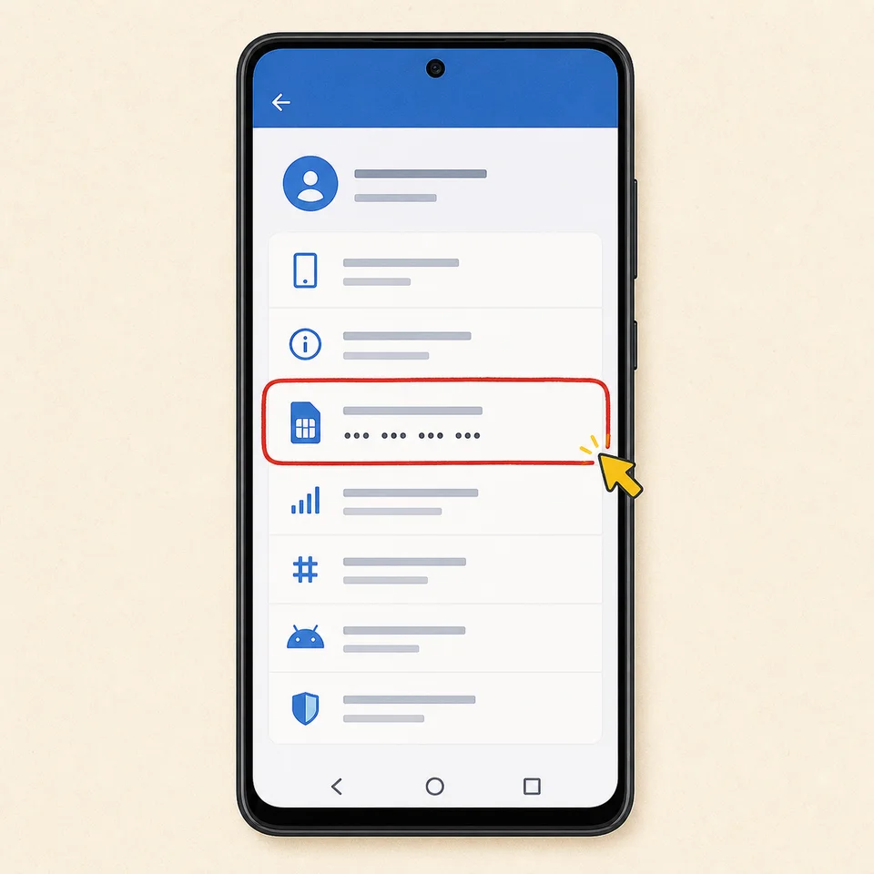 Android 关于手机或 SIM 卡状态界面中查看手机号的示意图，号码所在行已用红框标出