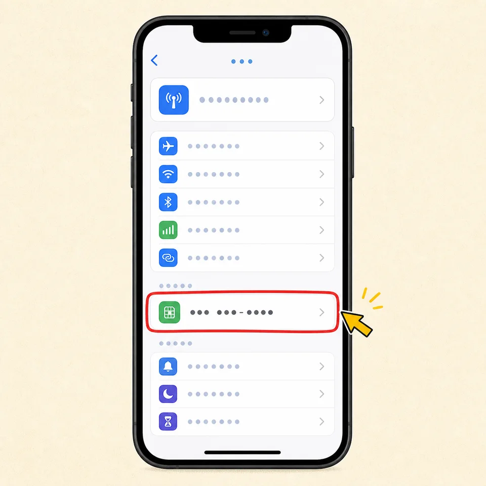 iPhone 设置界面中查看已插入 SIM 卡手机号的示意图，号码所在行已用红框标出