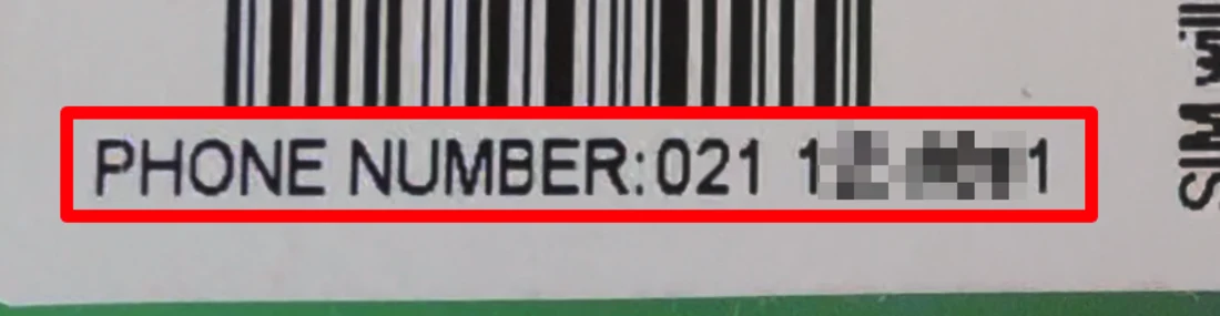 One.nz SIM 卡包装上的 PHONE NUMBER 区域，手机号位置已用红框标出