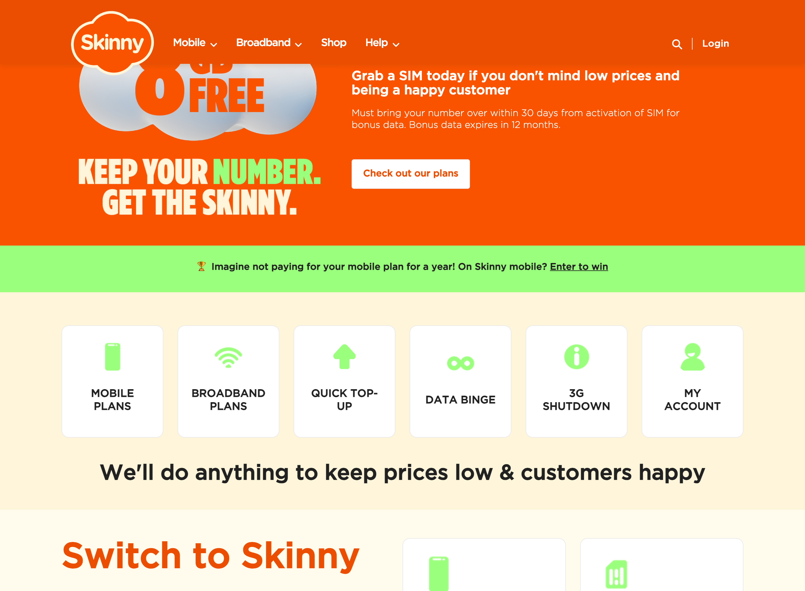 Skinny 官网首页：快捷入口中的 QUICK TOP-UP 为充值入口