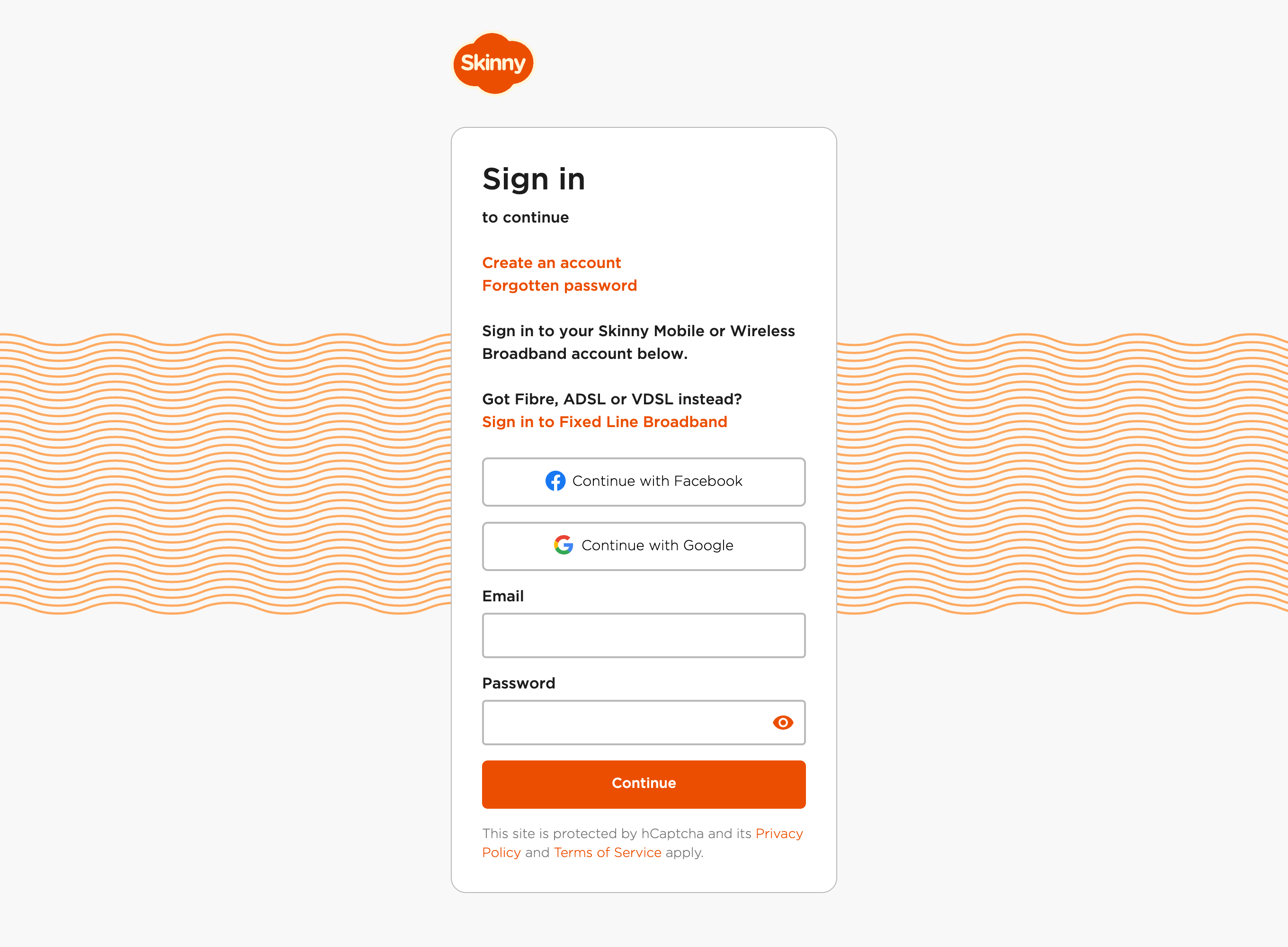 Skinny 登录页：Email、Password、Continue，以及创建账户和忘记密码入口