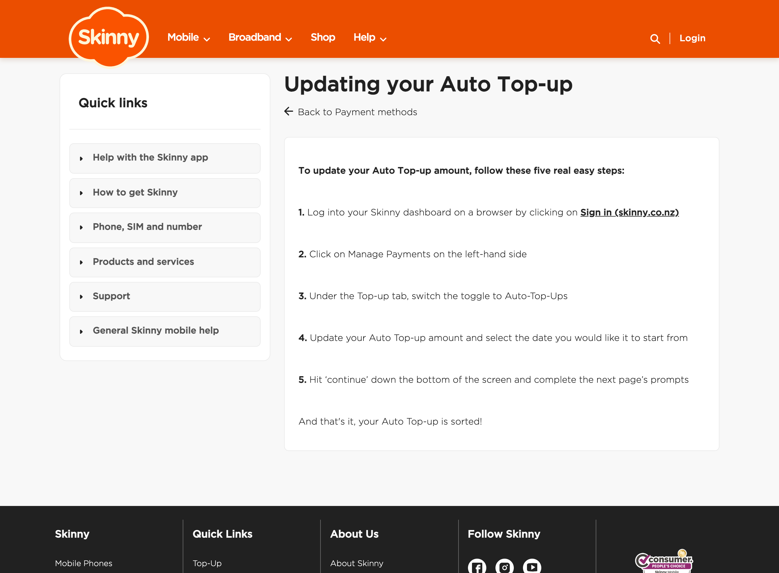 Skinny 官方 Auto Top-Up 帮助页：管理付款、切换自动充值、设置金额与开始日期