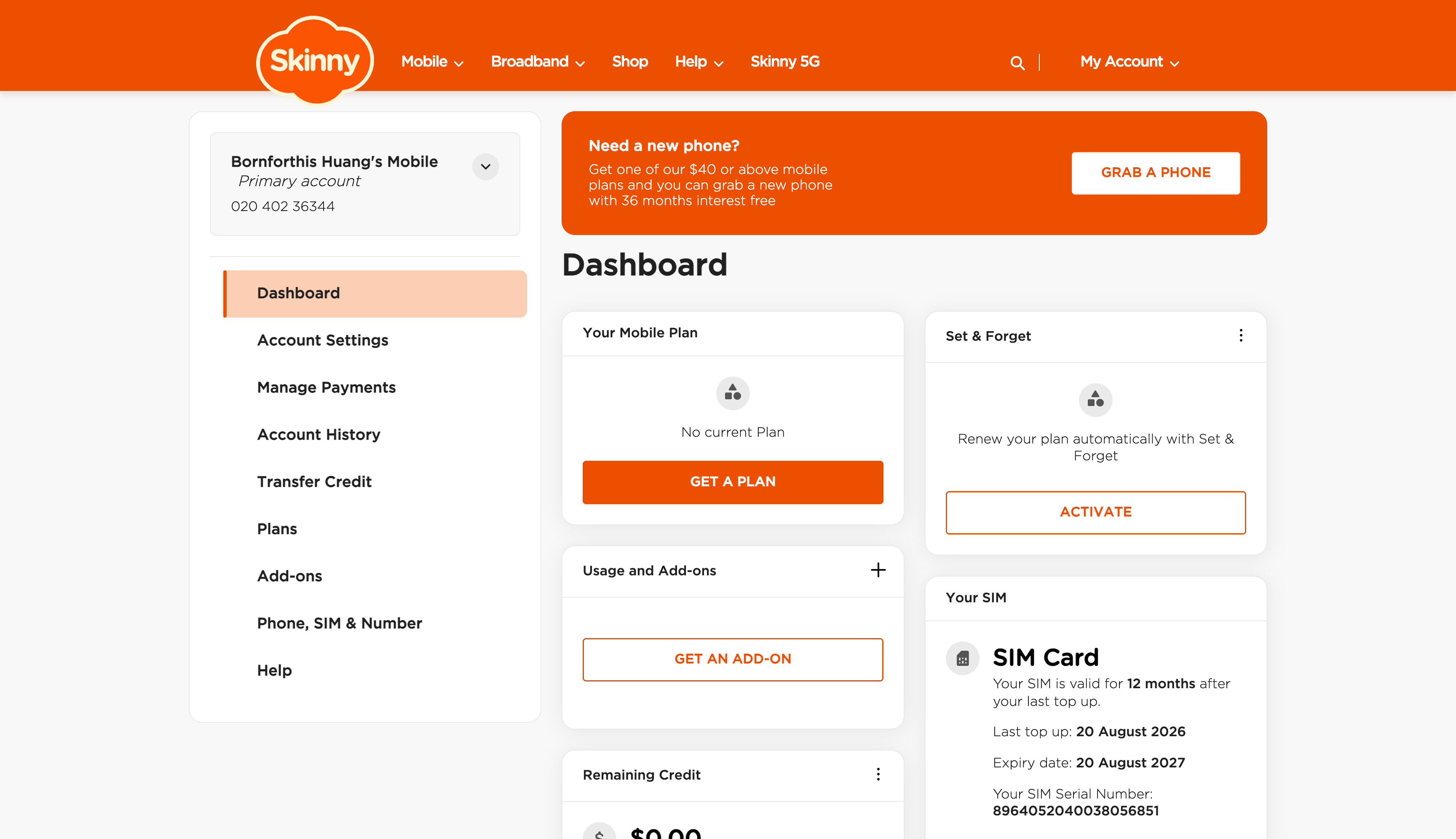 登录后的 Dashboard：账户号码、管理菜单和套餐状态