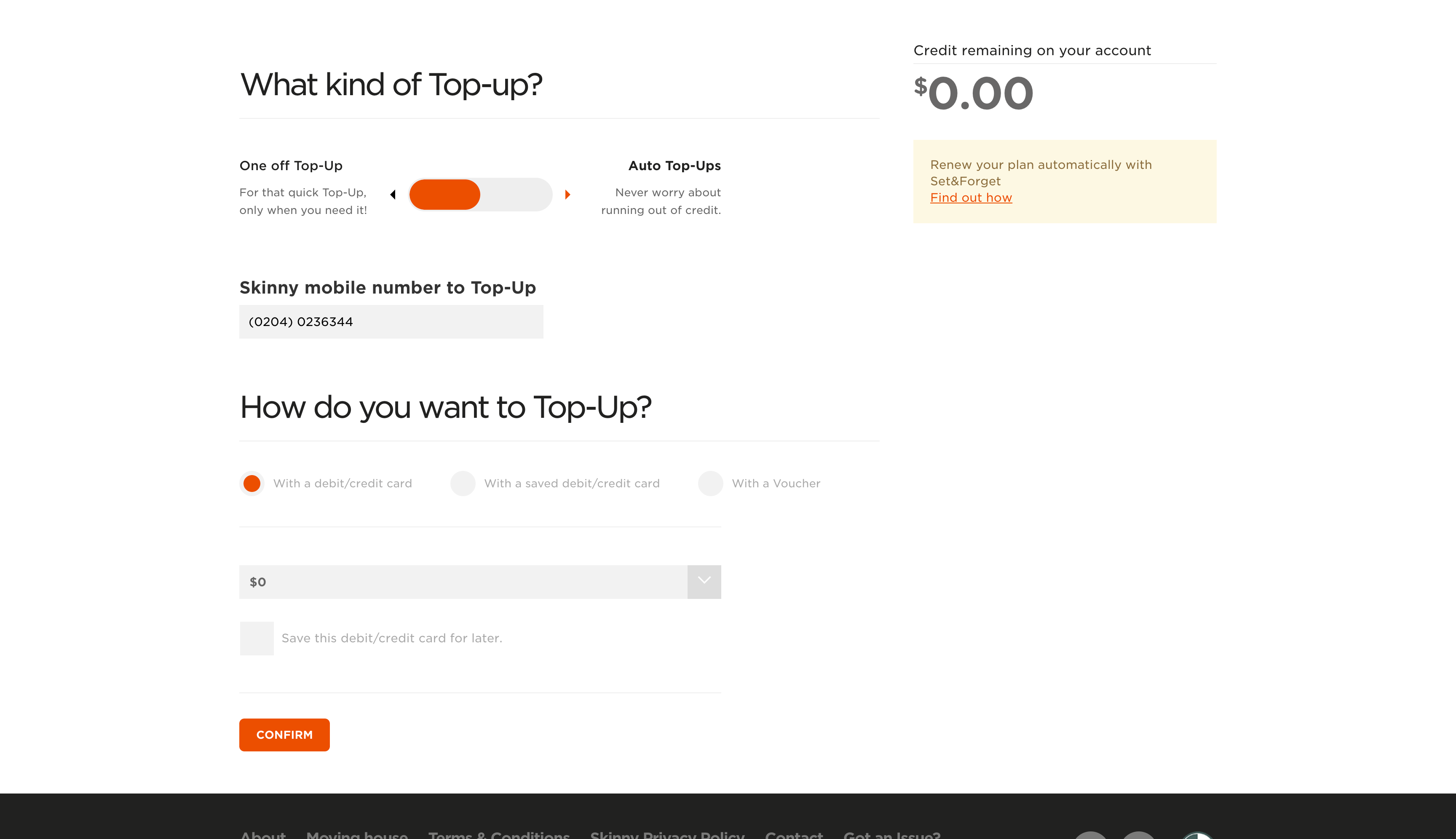 一次性充值设置：One off Top-Up、目标号码和三种付款方式